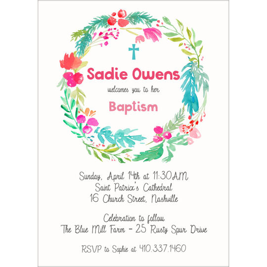 Bright Floral Wreath with Cross Baptism Invitations